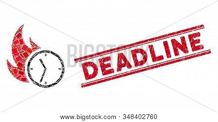 Mosaic Deadline Burn Clock Icon And Red Deadline Seal Stamp Between Double Parallel Lines. Flat Vect
