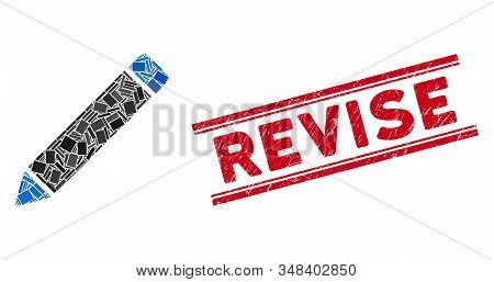 Mosaic Edit Pictogram And Red Revise Seal Stamp Between Double Parallel Lines. Flat Vector Edit Mosa