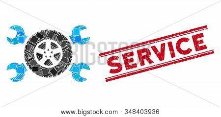Mosaic Tire Service Wrenches Pictogram And Red Service Stamp Between Double Parallel Lines. Flat Vec