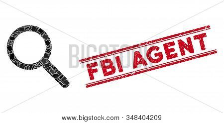 Mosaic Zoom Pictogram And Red Fbi Agent Seal Stamp Between Double Parallel Lines. Flat Vector Zoom M