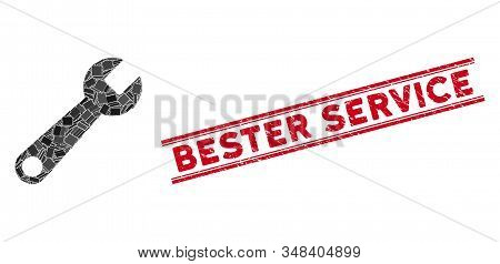 Mosaic Wrench Icon And Red Bester Service Seal Stamp Between Double Parallel Lines. Flat Vector Wren