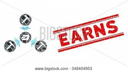 Mosaic Dash Mining Pool Pictogram And Red Earns Seal Stamp Between Double Parallel Lines. Flat Vecto