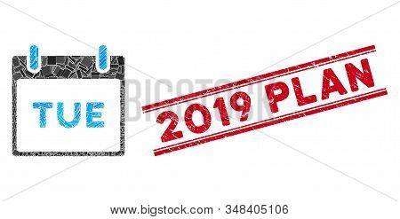 Mosaic Tuesday Calendar Page Icon And Red 2019 Plan Rubber Print Between Double Parallel Lines. Flat