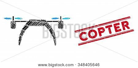 Mosaic Copter Pictogram And Red Copter Seal Stamp Between Double Parallel Lines. Flat Vector Copter 
