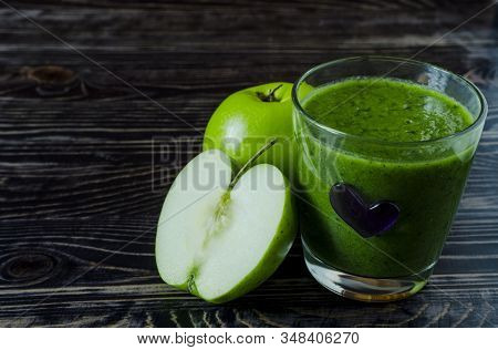 Fruit Green Cocktail In Transparent Bowl Apples And Greens Healthy Food Dark Background