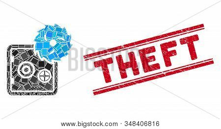 Mosaic Safe Hacking Theft Icon And Red Theft Seal Between Double Parallel Lines. Flat Vector Safe Ha