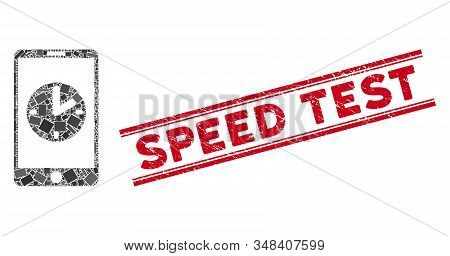 Mosaic Mobile Time Icon And Red Speed Test Rubber Print Between Double Parallel Lines. Flat Vector M
