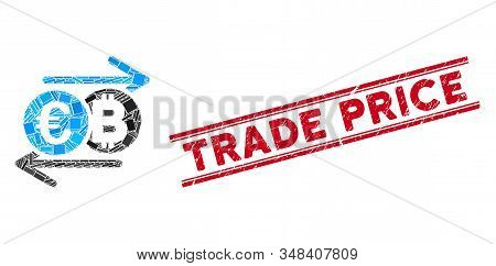 Mosaic Euro Bitcoin Change Icon And Red Trade Price Rubber Print Between Double Parallel Lines. Flat