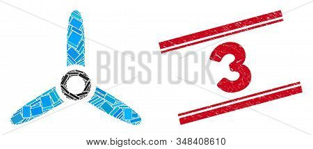Mosaic Three Bladed Screw Pictogram And Red 3 Seal Stamp Between Double Parallel Lines. Flat Vector 