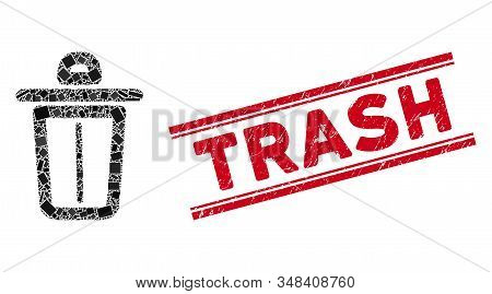 Mosaic Trash Pictogram And Red Trash Rubber Print Between Double Parallel Lines. Flat Vector Trash M