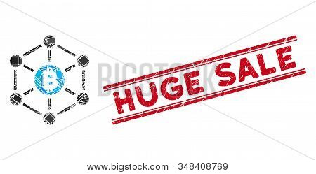 Mosaic Bitcoin Finance Netwok Icon And Red Huge Sale Seal Stamp Between Double Parallel Lines. Flat 