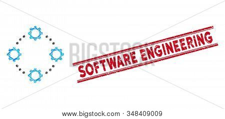 Mosaic Gear Virtual Connection Icon And Red Software Engineering Stamp Between Double Parallel Lines