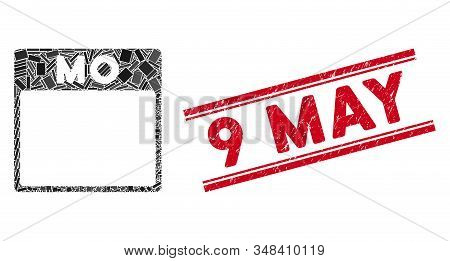 Mosaic Monday Calendar Page Icon And Red 9 May Seal Stamp Between Double Parallel Lines. Flat Vector