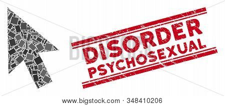 Mosaic Cursor Arrow Pictogram And Red Disorder Psychosexual Seal Stamp Between Double Parallel Lines