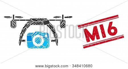 Mosaic Photo Drone Pictogram And Red Mi6 Seal Stamp Between Double Parallel Lines. Flat Vector Photo