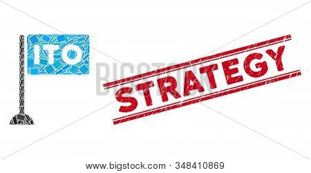 Mosaic Ito Rectange Flag Icon And Red Strategy Seal Stamp Between Double Parallel Lines. Flat Vector