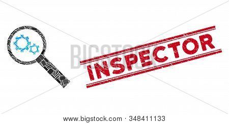 Mosaic Search Tools Icon And Red Inspector Seal Stamp Between Double Parallel Lines. Flat Vector Sea