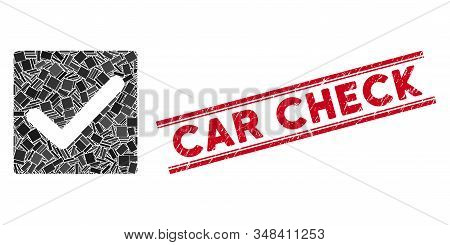 Mosaic Check Pictogram And Red Car Check Rubber Print Between Double Parallel Lines. Flat Vector Che