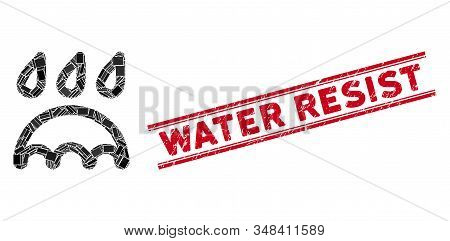 Mosaic Rain Protection Pictogram And Red Water Resist Rubber Print Between Double Parallel Lines. Fl