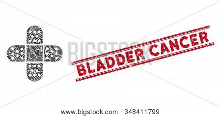 Mosaic Adhesive Patch Pictogram And Red Bladder Cancer Seal Stamp Between Double Parallel Lines. Fla