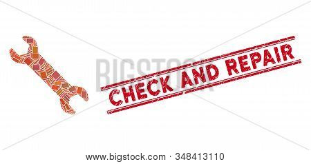 Mosaic Repair Icon And Red Check And Repair Seal Stamp Between Double Parallel Lines. Flat Vector Re