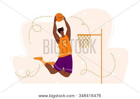 Basketball Player With Ball On Playground, African American Man Playing Match, Guy Jumping And Holds