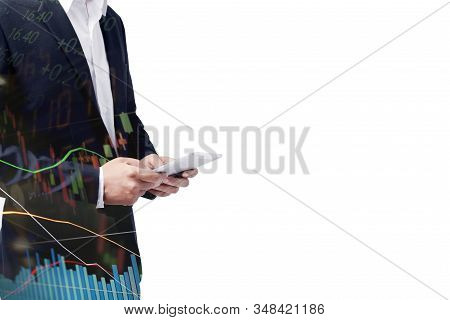 Businessman Using Tablet Analyzing Sales Data And Economic Growth Graph Chart. Business Strategy. Ab
