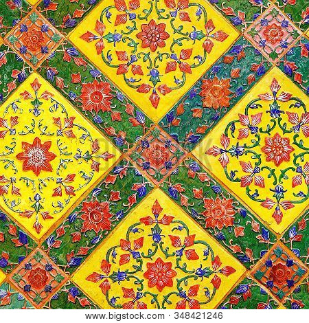 Old Over 151 Year Wall Ceramic Tiles Patterns Handcraft From Thailand Temple Wall Public