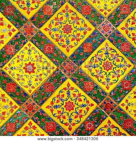 Old Over 151 Year Wall Ceramic Tiles Patterns Handcraft From Thailand Temple Wall Public