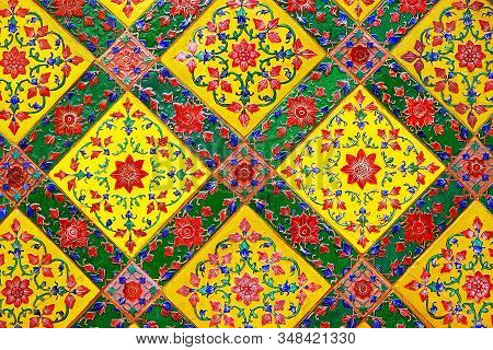 Old Over 151 Year Wall Ceramic Tiles Patterns Handcraft From Thailand Temple Wall Public