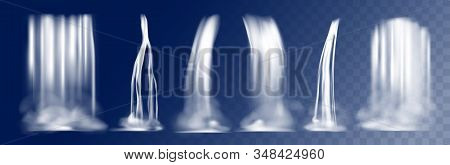 Realistic Waterfall. Cascade Falling Water Isolated On Transparent Background, Falling Water Streams