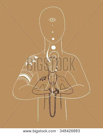 Esoteric And Magic Illustration Of A Human In Graphics. Soul And Body Splitting. Figure Black Pen Ve