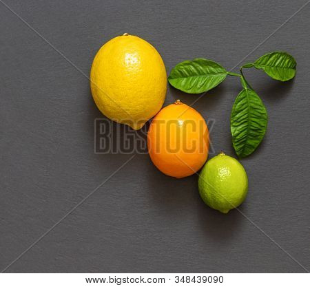 Food Concept. Citrus Fruit On A Stone Table. Fruit Background. Flat Lay, Top View. Lemon, Citrus Mey