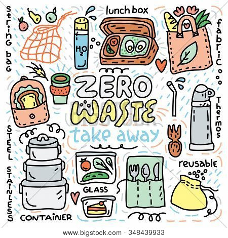 Zero Waste Illustration, Cartoon Colorful Doodle Style
