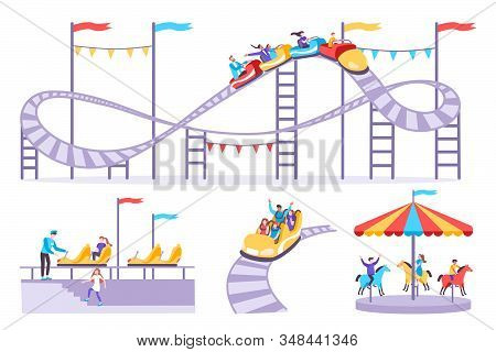 Roller Coaster Set Of Flat Icons With Amusement Rides Isolated Images And People On Blank Background