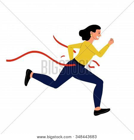 Business Woman Running Crossing Red Ribbon At Finish, Concept Of Leadreship. Flat Vector Illustratio