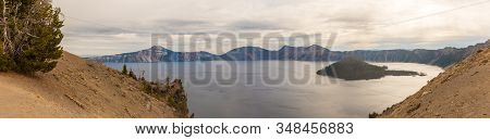 Panoramic View Of Crater Lake And Wizard Island From Merriam Point, Oregon, Usa