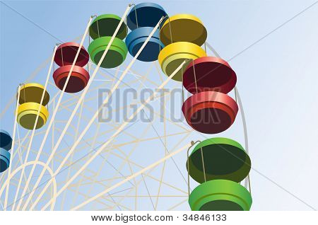 Big Wheel With Multicolored Cabins In Amusement Park, Vector