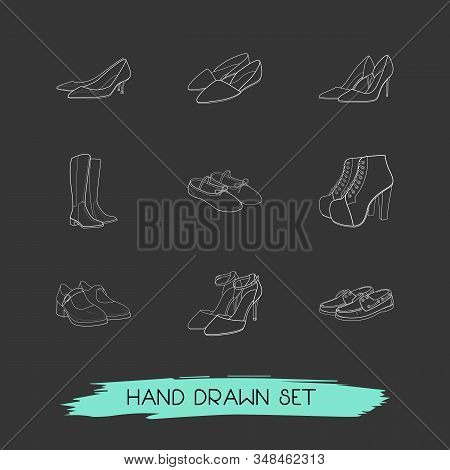 Set Of Shoe Types Icons Line Style Symbols With Dorsay Shoes, Ballet Shoes, Kitten Heel Shoes And Ot