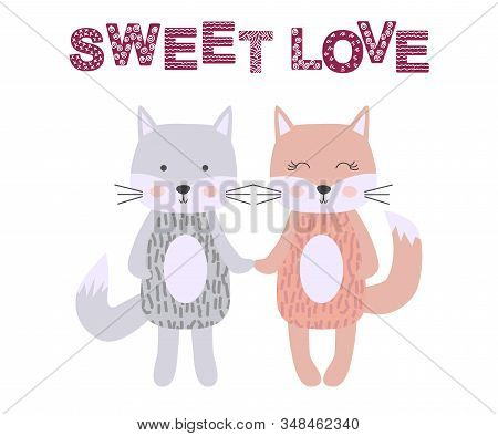 Sweet Love. A Pair Of Cats In The Scandinavian Style, Childrens Print, Poster, Design