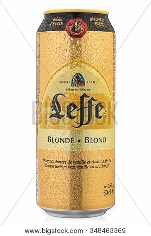 Ukraine, Kiev - January 22. 2020: Aluminium Can Of Leffe Blonde Beer On White Background. Leffe Is A