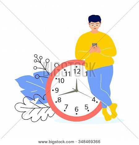 Time Management. A Man With A Phone Leaning On Watch Is Waiting. Vector.
