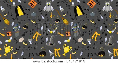 Seamless Pattern. Magical Items. Mantle Of Invisibility, Talking Hat And Magic Wand. Cauldron For Ma