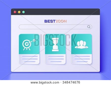 Set Old Hourglass With Flowing Sand, Target With Arrow And Users Group Icon. Vector