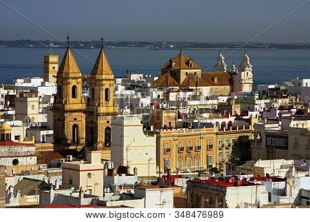 Cadiz Skyline.  A Rooftop View Of The Cadiz Skyline In Southern Spain, With San Antonio Church In Th