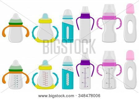 Illustration On Theme Big Colored Kit Baby Milk In Bottle With Rubber Pacifier. Baby Milk Bottle Con