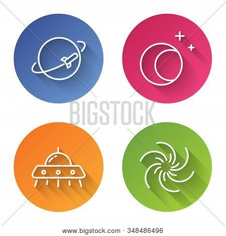 Set Line Planet, Moon And Stars, Ufo Flying Spaceship And Black Hole. Color Circle Button. Vector
