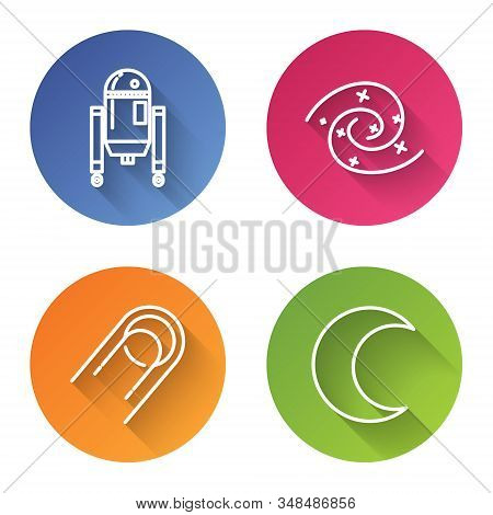 Set Line Robot, Black Hole, Satellite And Moon And Stars. Color Circle Button. Vector
