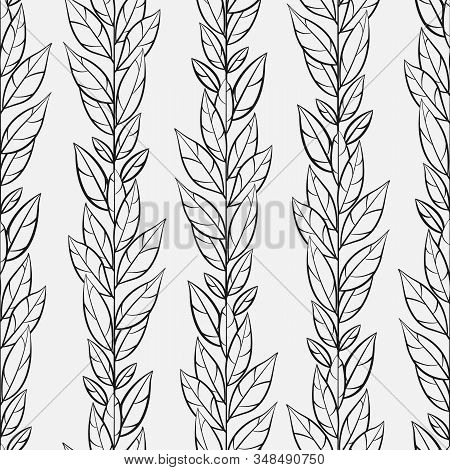 Vector Seamless Pattern With Vertical Black Braches And Leaves On Gray Background; Abstract Floral D