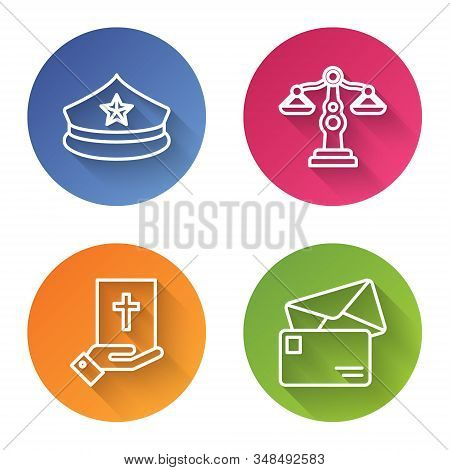 Set Line Police Cap With Cockade, Scales Of Justice, Oath On The Holy Bible And Envelope. Color Circ